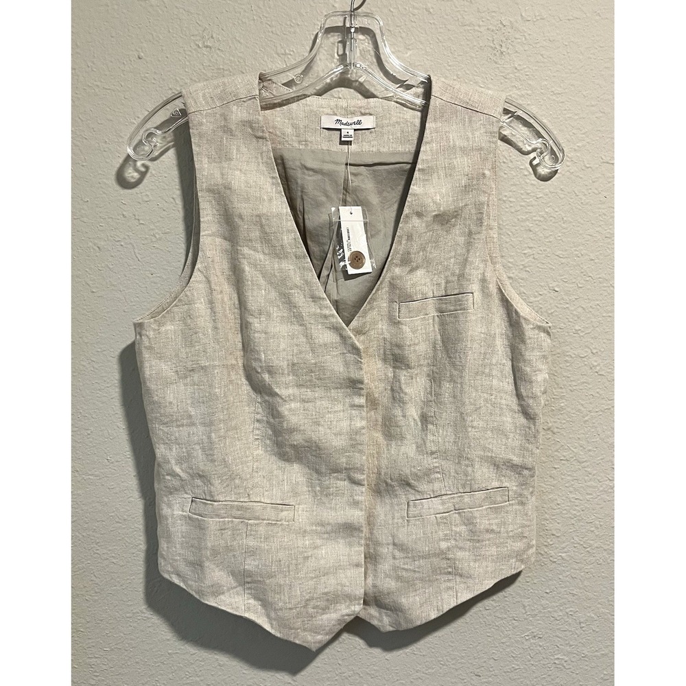 NWT Madewell Women's Linen Vest Size 4 Beige Hidden Buttons Tailored Academia
